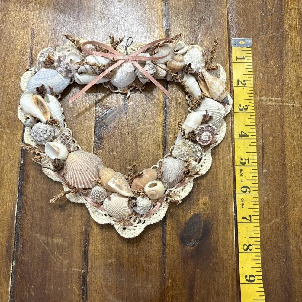 Vtg Handmade Sea Shell Doily Heart Shaped Wall Decor Granny Cottage Beach House